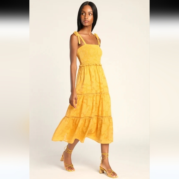 Lulus Float to Love Yellow Jacquard Smocked Tie- Strap Midi Dress Size M - Picture 11 of 11